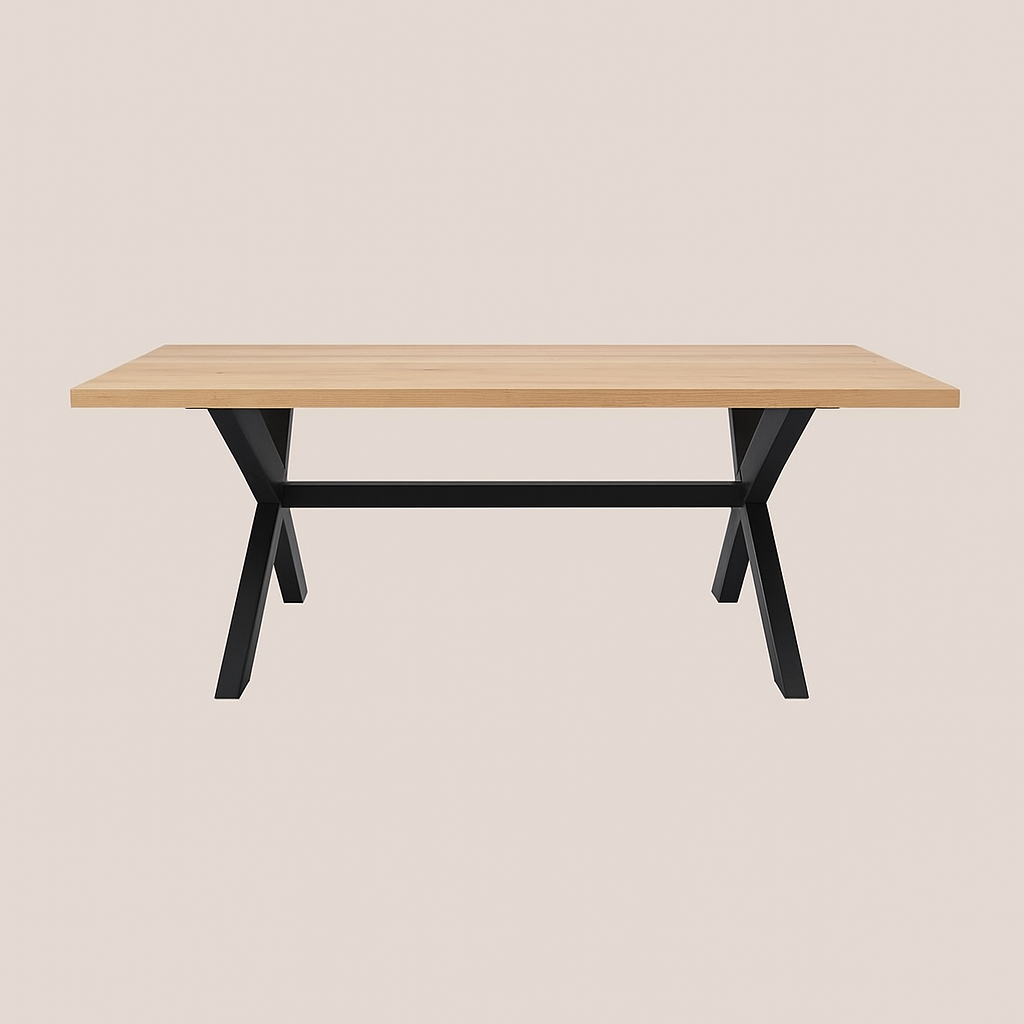 Modern Rustic Wood Dining Table with Black Metal X-Legs