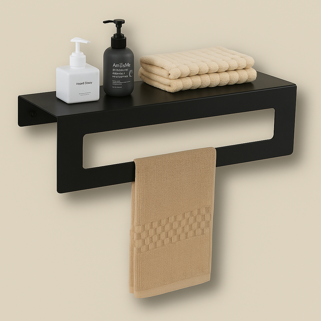 Modern Black Metal Wall Shelf with Integrated Towel Bar (50cm)