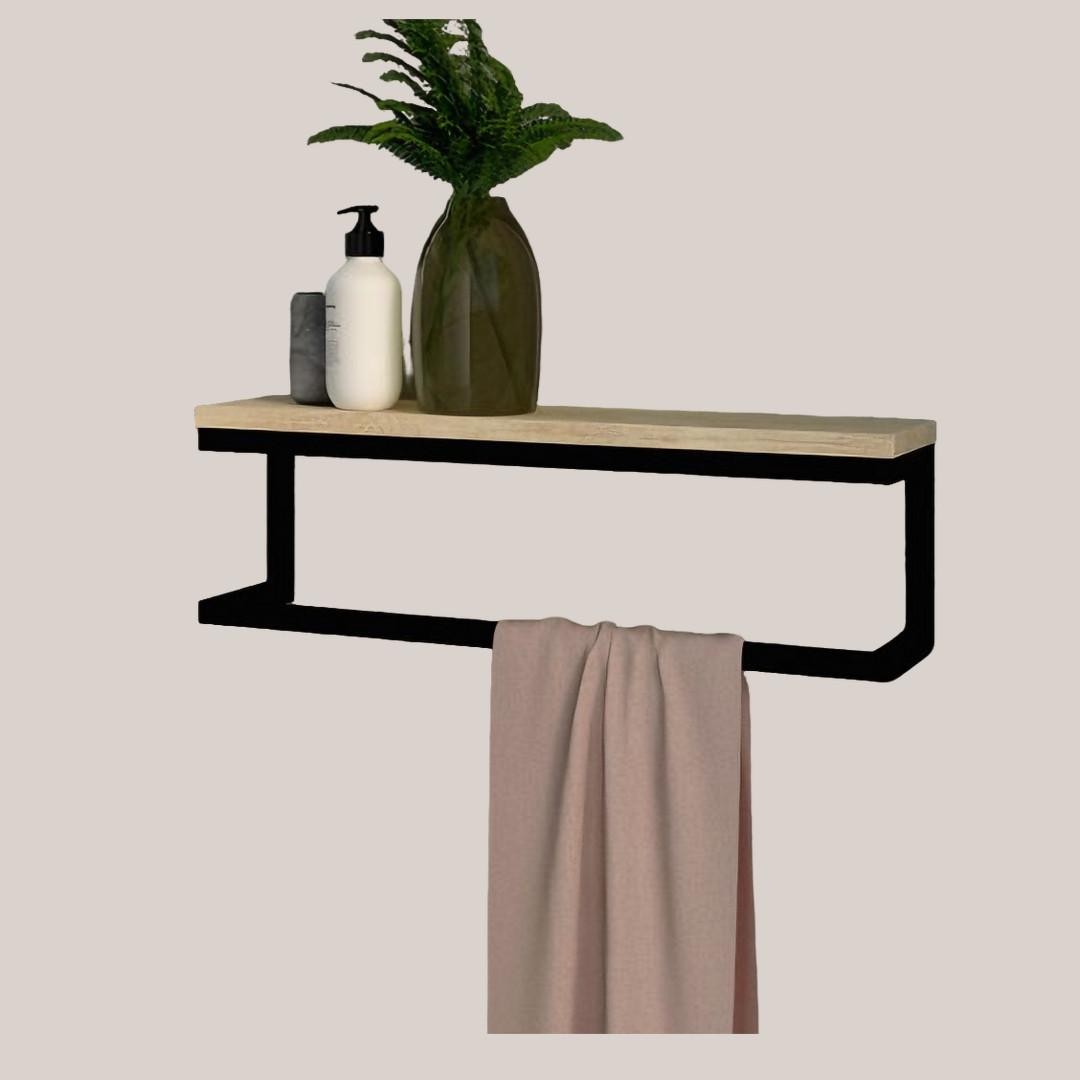 Modern Wood & Black Metal Wall Shelf with Integrated Towel Bar (50cm)