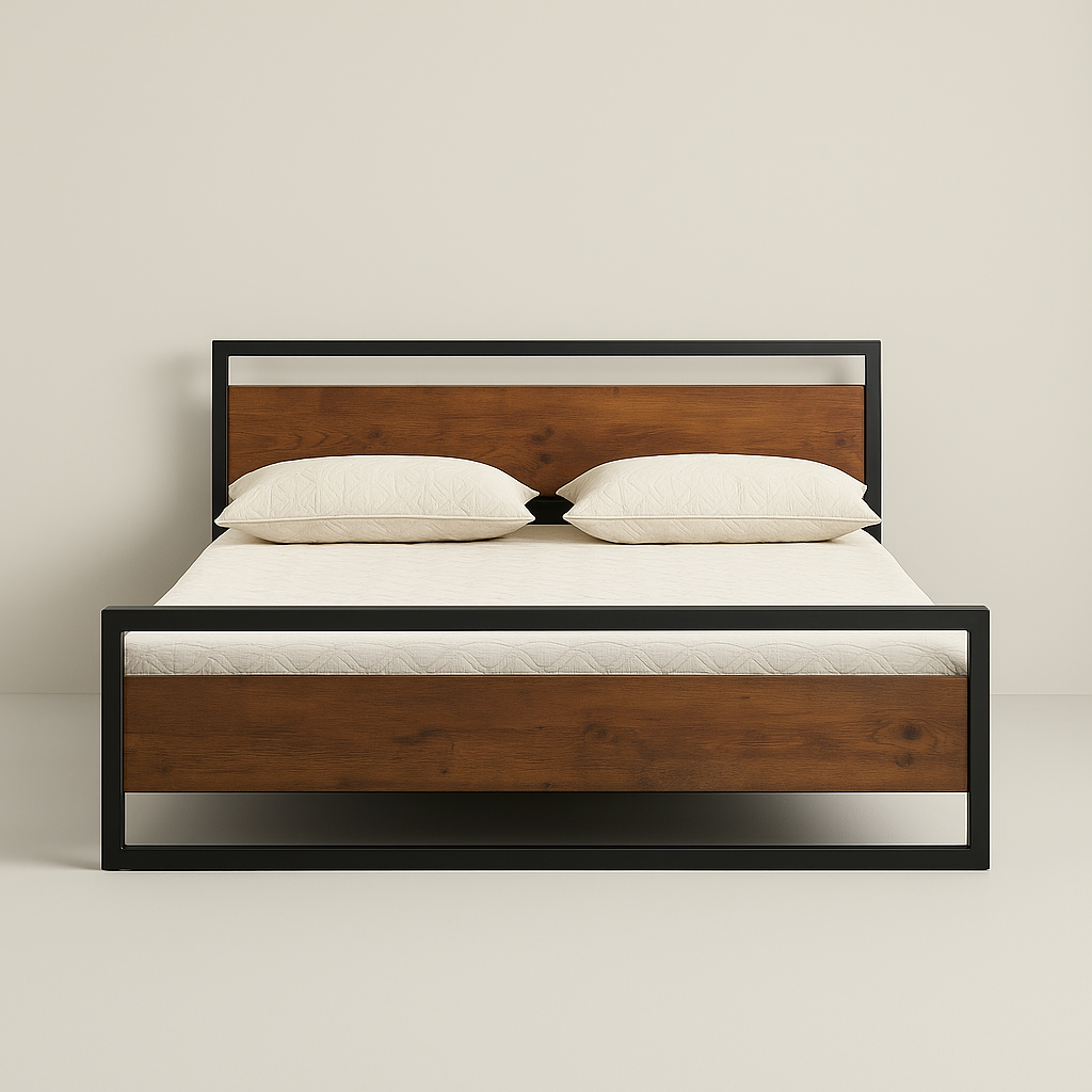 Modern Metal and Wood Panel Platform Bed Frame (Black & Natural Wood)