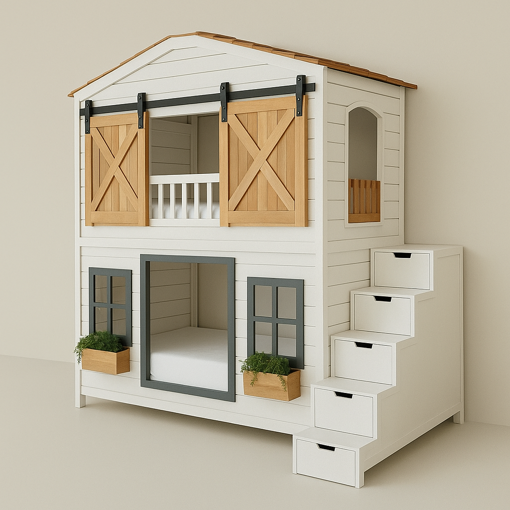 Modern Farmhouse Playhouse Bunk Bed with Sliding Barn Doors & Storage Stairs