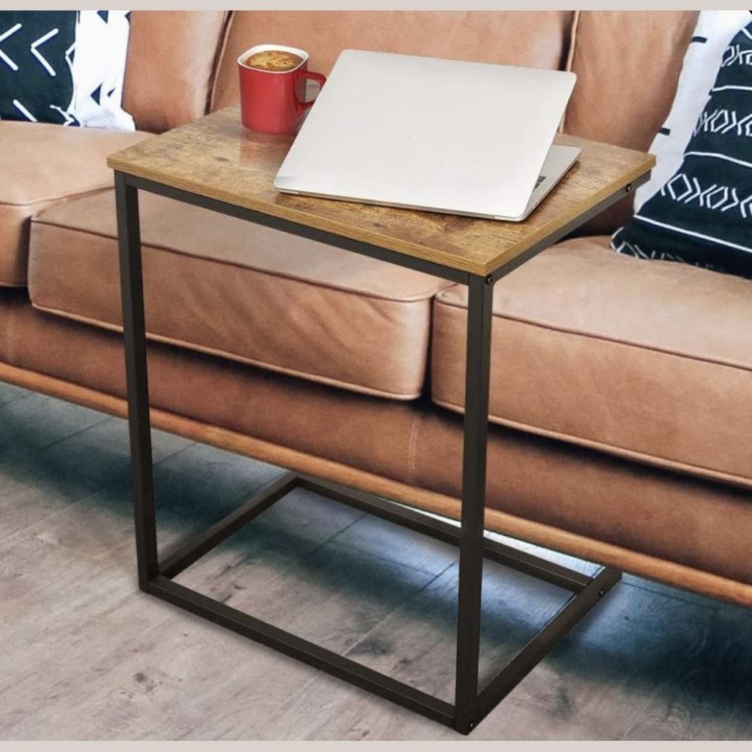 Rustic Modern C-Shaped Side Table with Metal Frame
