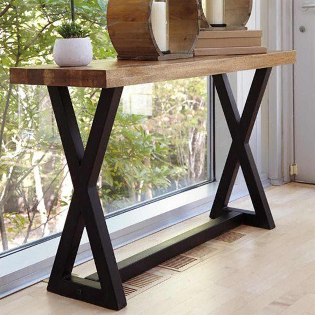 Modern Rustic Geometric Solid Wood Console Table with Black X-Metal Legs