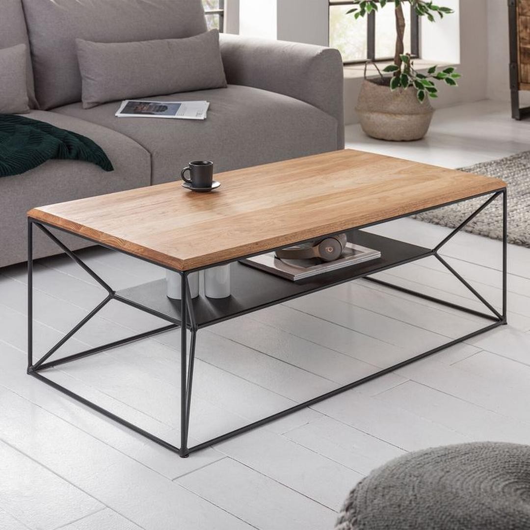 Modern Geometric Wood & Metal Coffee Table with Storage Shelf