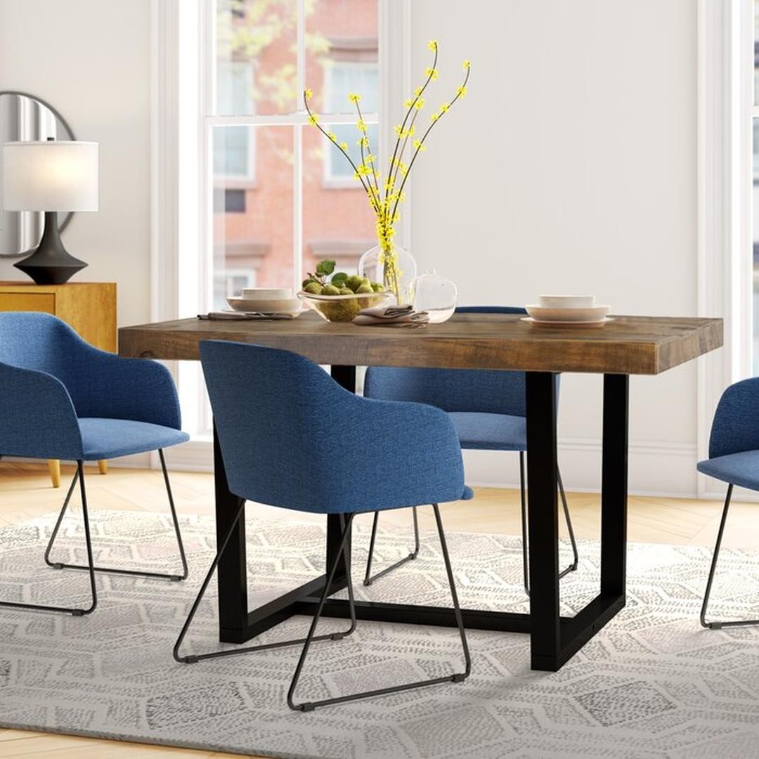 Contemporary Blue Fabric Upholstered Arm Dining Chair with Black Metal Legs