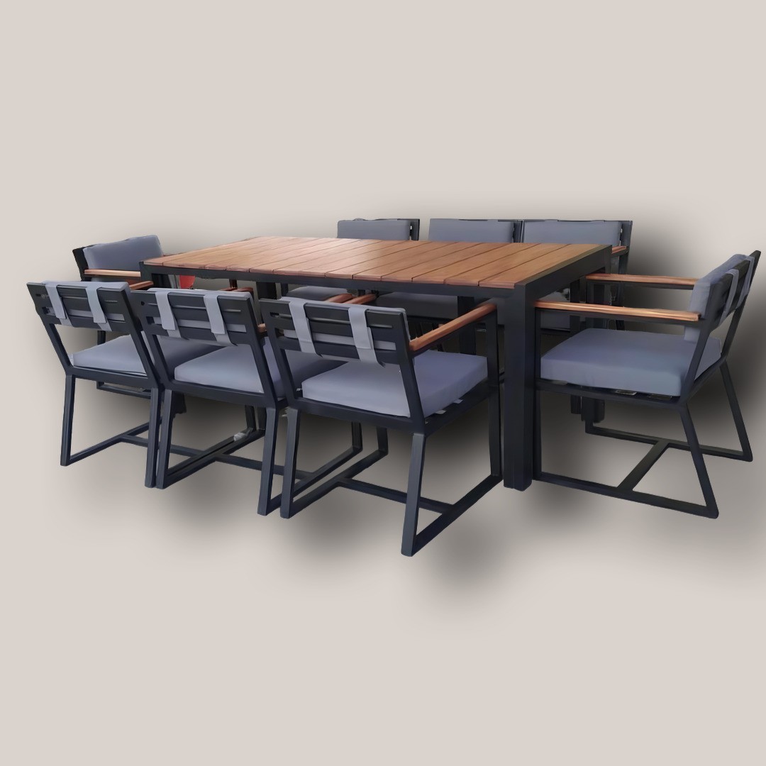 Modern 8-Seater Outdoor Dining Set with Wood Table & Cushioned Chairs