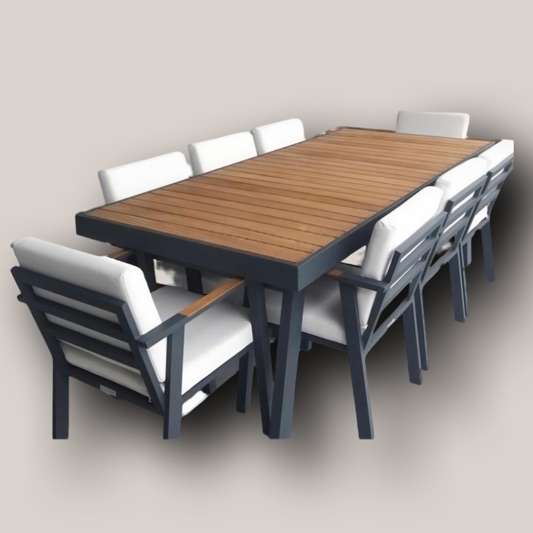 Modern 8-Seater Outdoor Dining Set with Wood Top Table & Metal Frame Chairs (220x90cm Table)