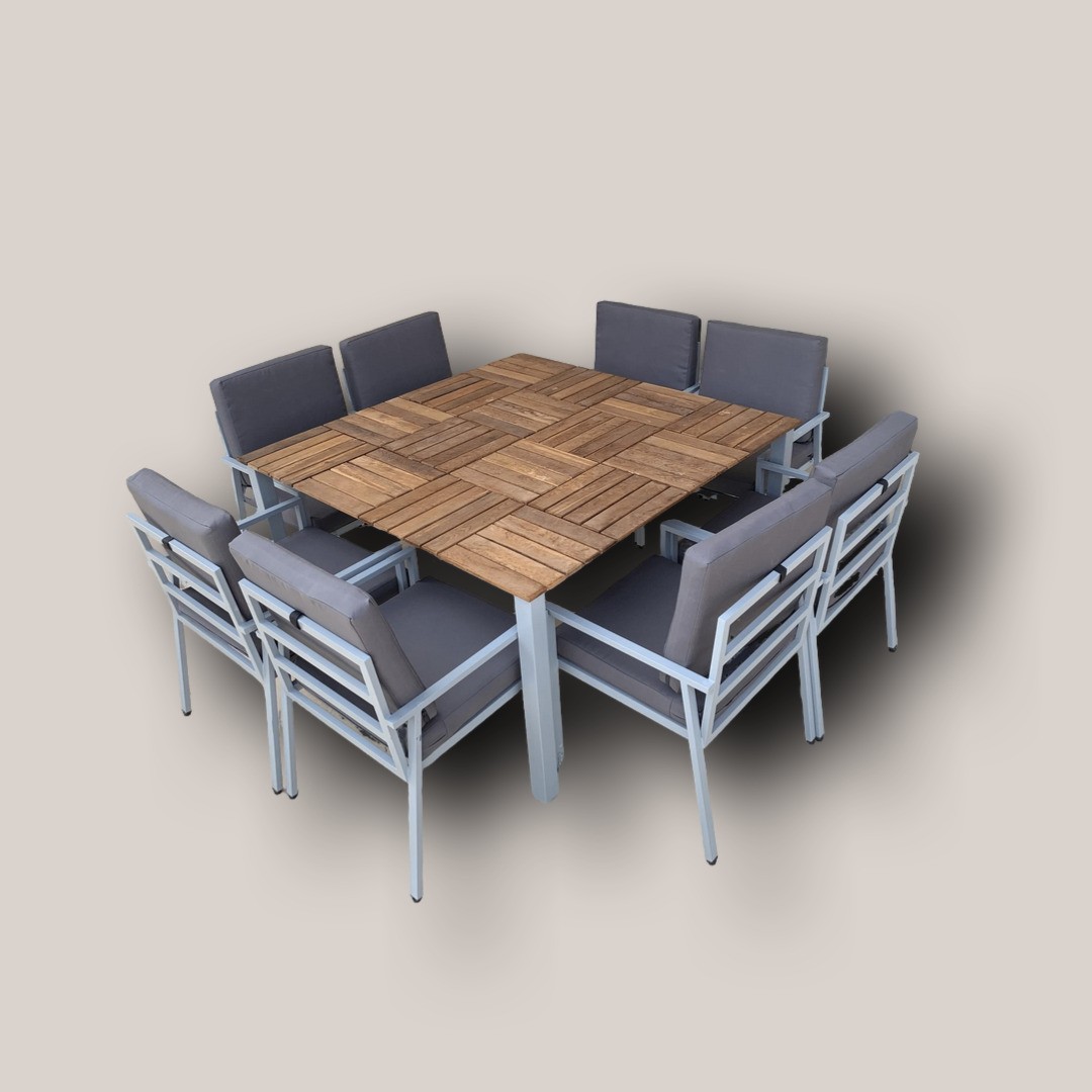 Modern 8-Seater Outdoor Dining Set with Square Wood Tiled Tabletop & Metal Frame Chairs (140cm Table)
