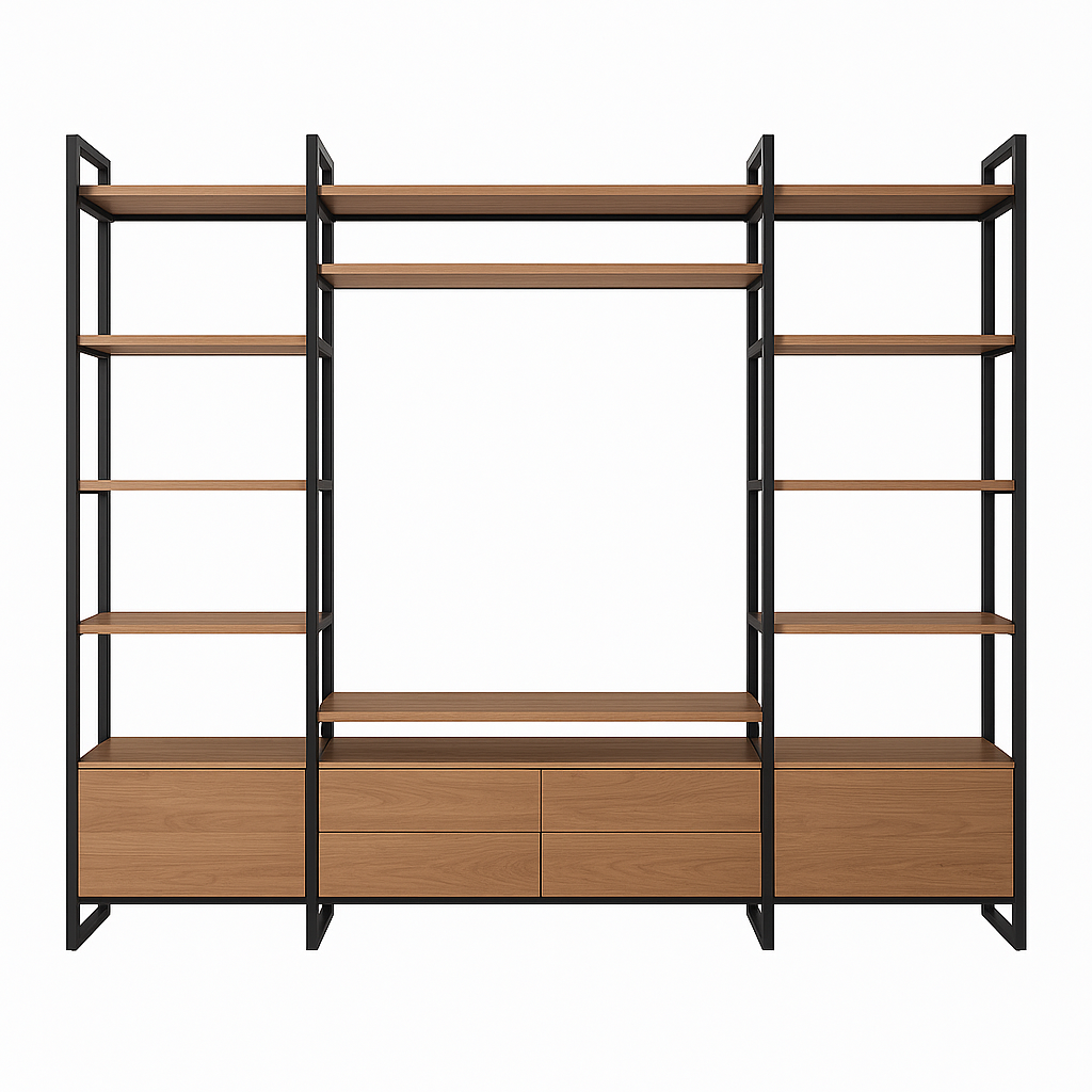 Modern Rustic Wood and Metal Large Storage Wall Unit / Bookshelf