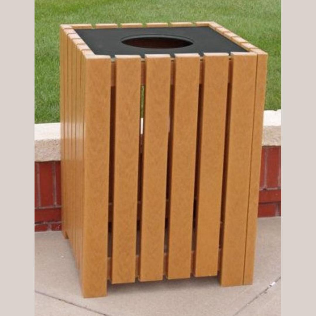 Durable Outdoor Square Trash Receptacle with Slatted Wood-Look Finish