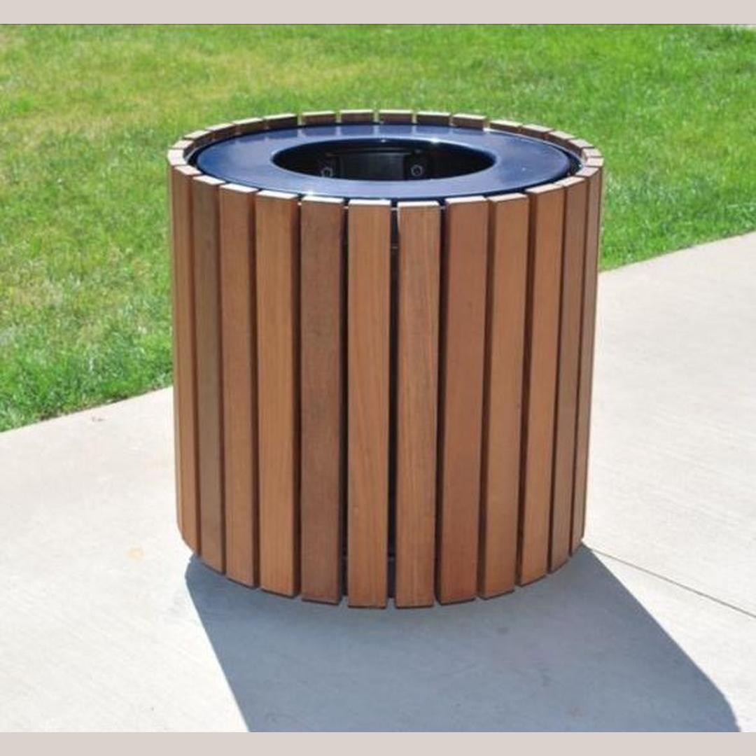 Modern Natural Wood Slat Outdoor Trash Can with Inner Liner