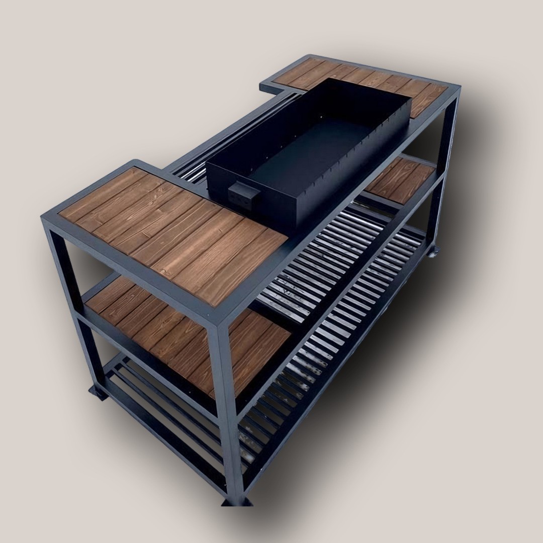 Modern Industrial Outdoor Charcoal Grill Station with Wood Prep Surfaces & Storage (140cm)