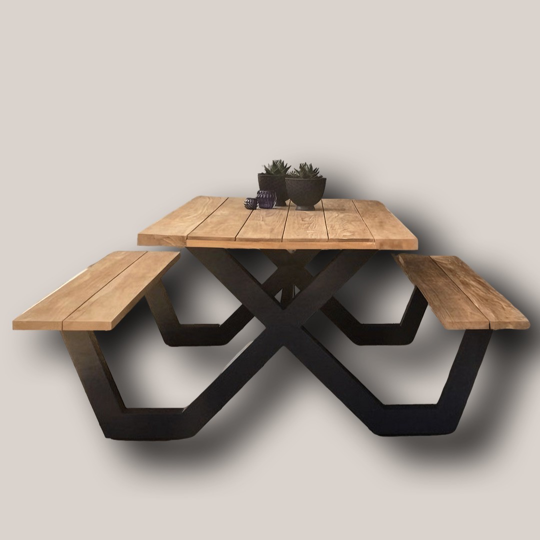 Modern Outdoor Picnic Table with Integrated Geometric Metal Base Benches (140cm)