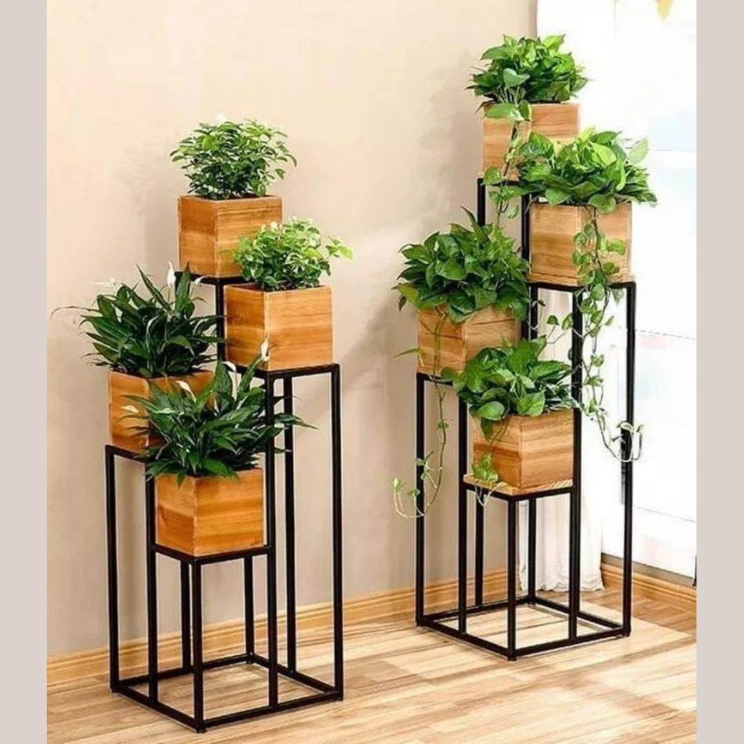 Modern Geometric 5-Tier Metal & Wood Indoor Plant Stand