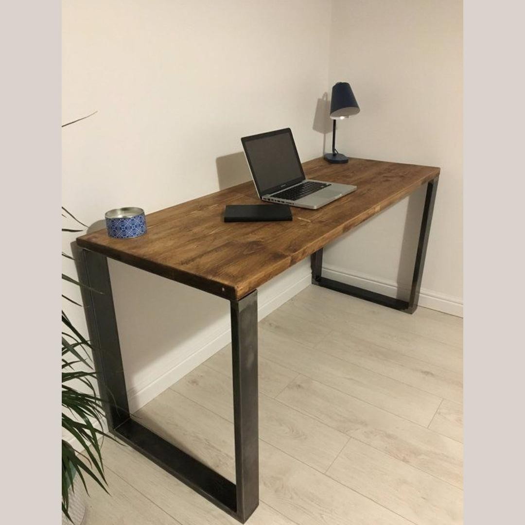 Solid Wood Desk with Steel Trapezoid Legs | Rustic Modern Home Office Table
