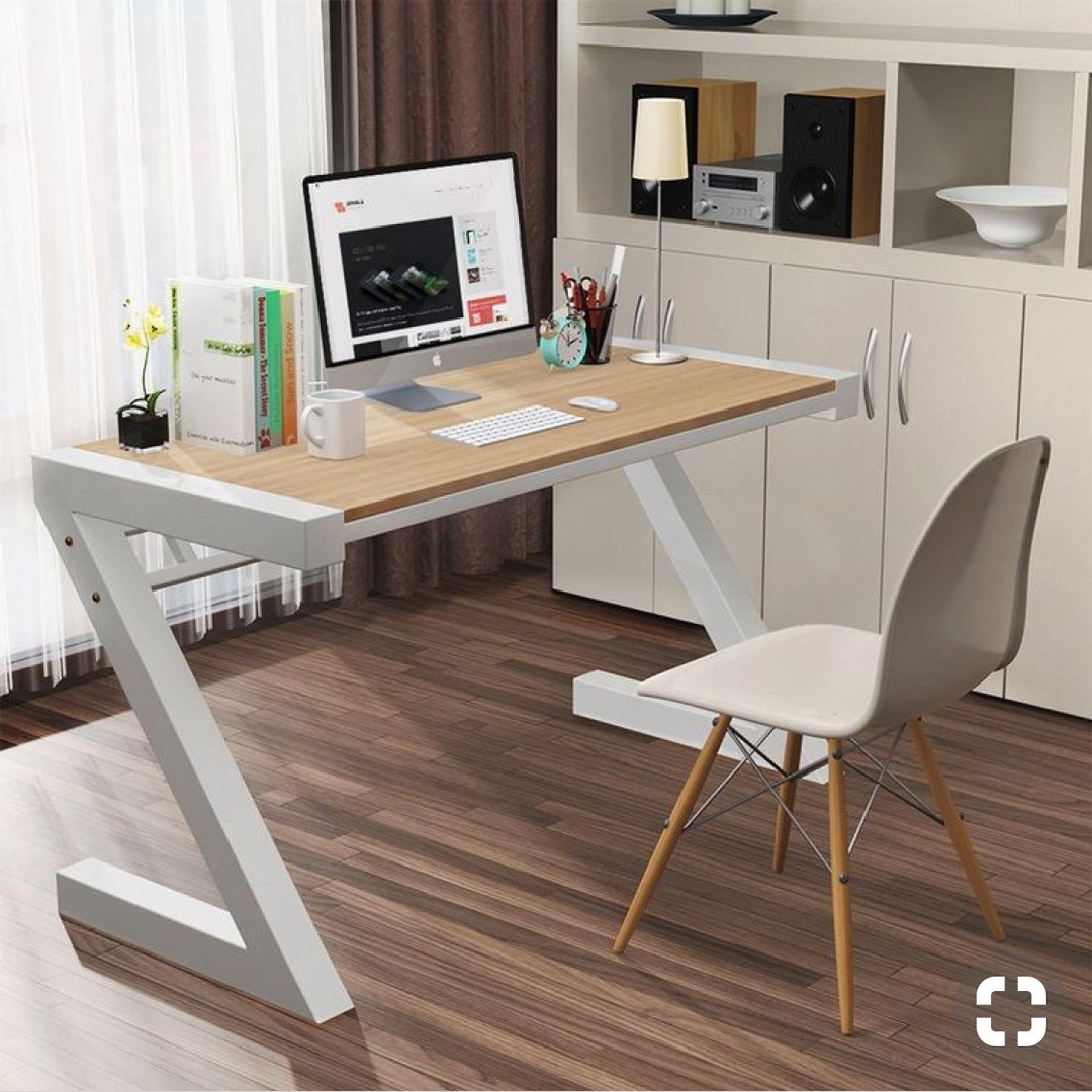 Modern Z-Design Home Office Computer Desk with White Metal Frame & Wood Desktop