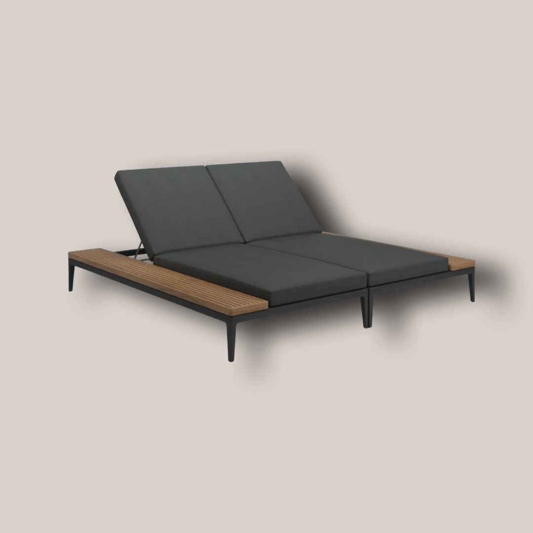 Modern Double / Single Outdoor Chaise Lounge with Adjustable Back & Integrated Wood Side Table