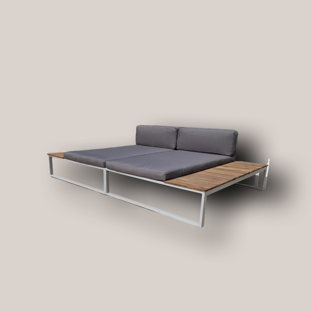 Modern Outdoor Daybed Lounge with Integrated Wood Side Table (White Frame & Grey Cushions)