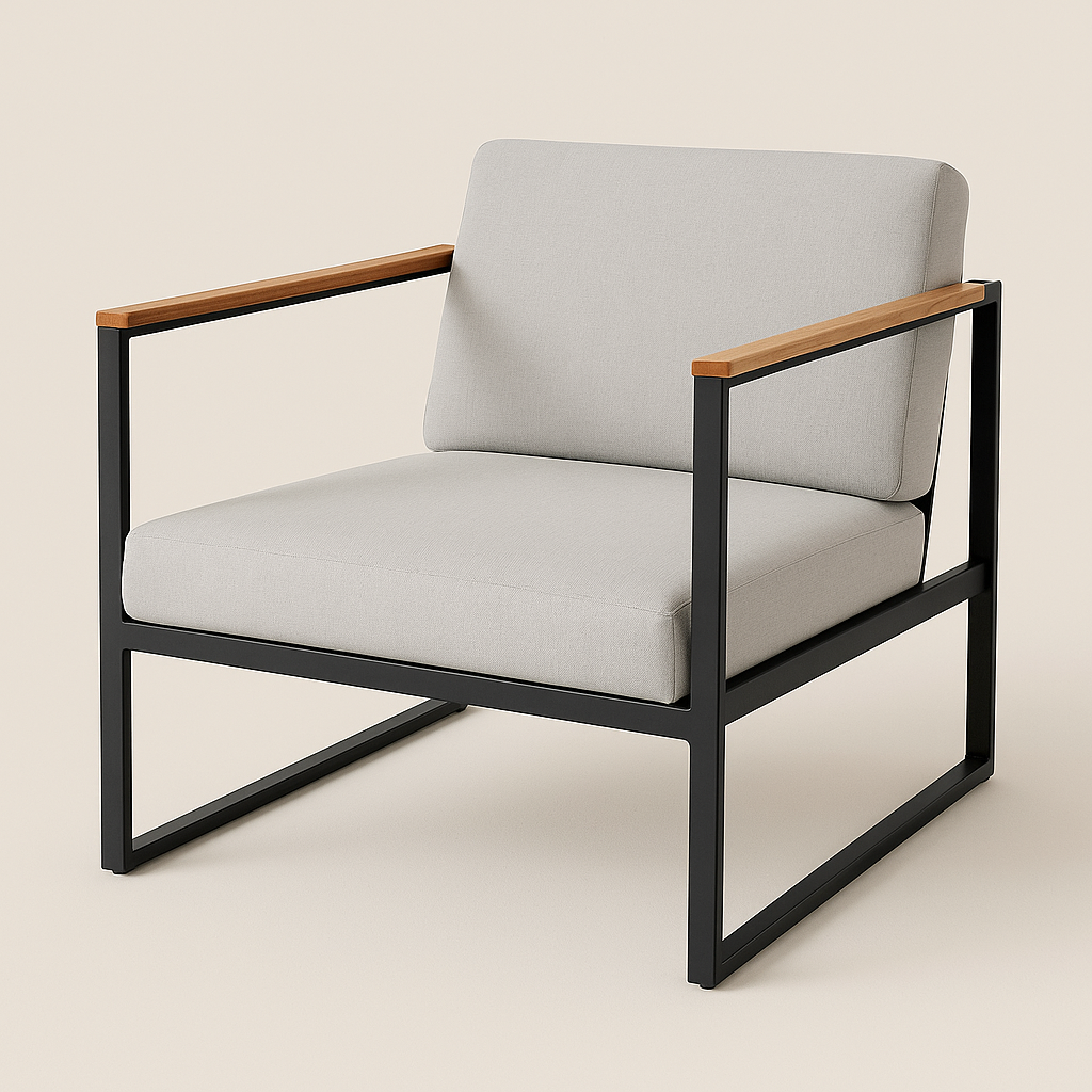 Modern Accent Chair with Wood Armrests & Metal Frame (Grey Cushions)