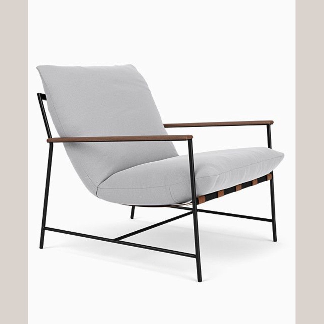 Modern Contemporary Lounge Chair with Leather Straps & Wood Armrests