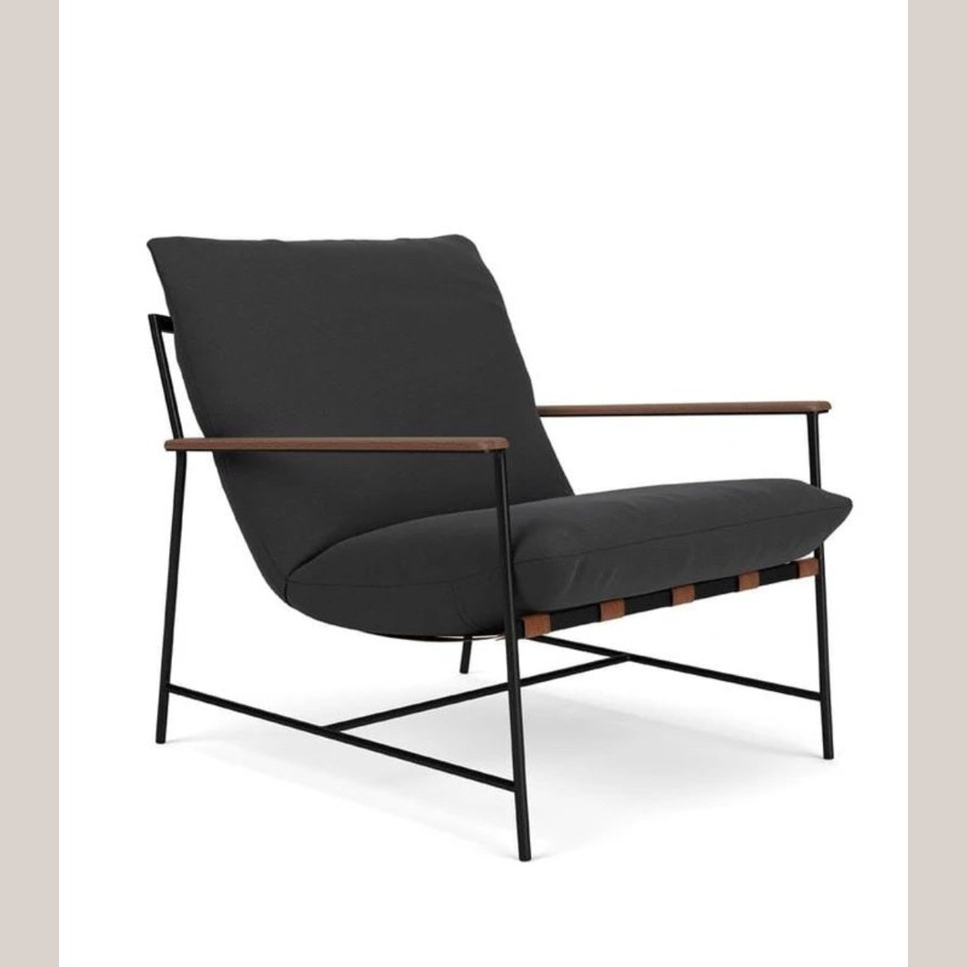 Modern Contemporary Lounge Chair with Leather Straps & Wood Armrests