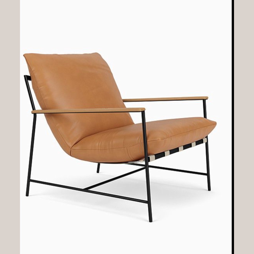 Modern Caramel Faux Leather Lounge Chair with Wood Arms and Strap Back