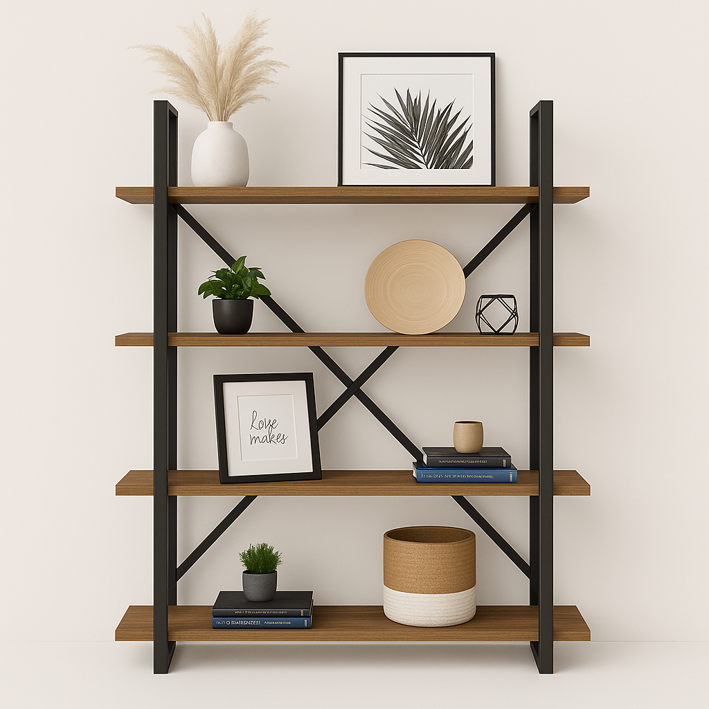 Industrial Style 4-Tier Bookshelf with Wood Shelves and Metal Frame