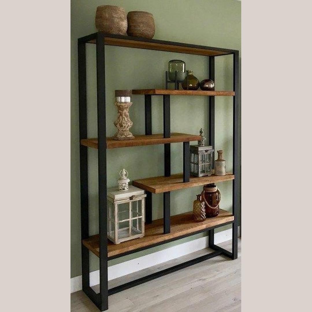 Industrial Rustic Style Metal Frame 4-Tier Staggered Wood Display Shelf