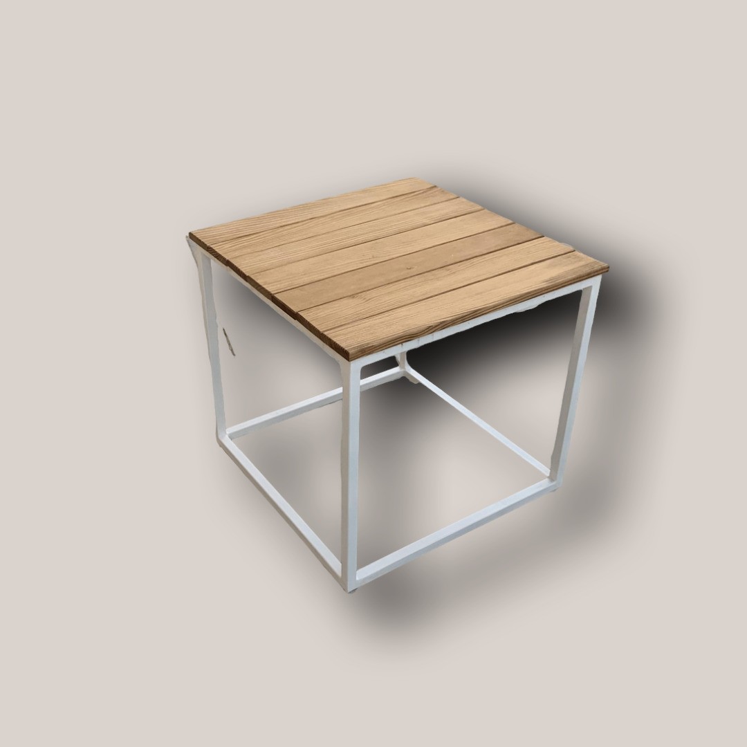 Modern Square Cube Side Table with Natural Wood Slat Top & White Metal Frame (50cm)