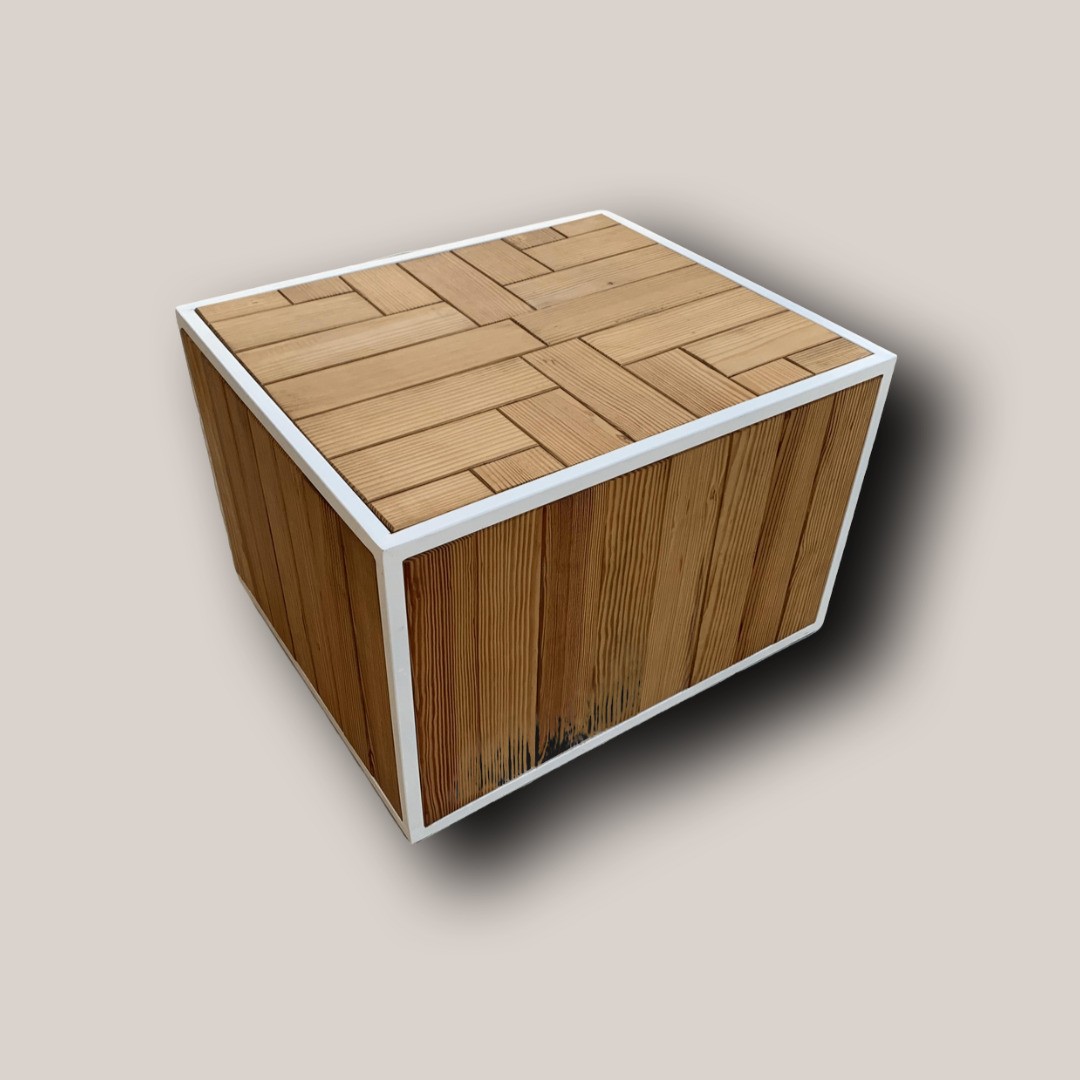 Rustic Wood Accent Cube Table with Herringbone Top & Charred Detail (50cm)