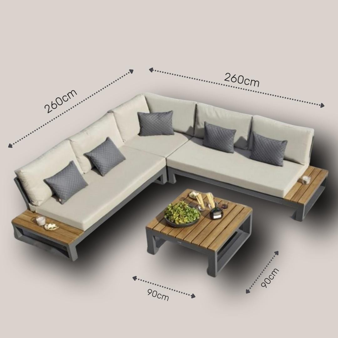 Modern Outdoor Modular Sectional Sofa Set with Integrated Side Table & Coffee Table (Wood & Metal, Grey Cushions)