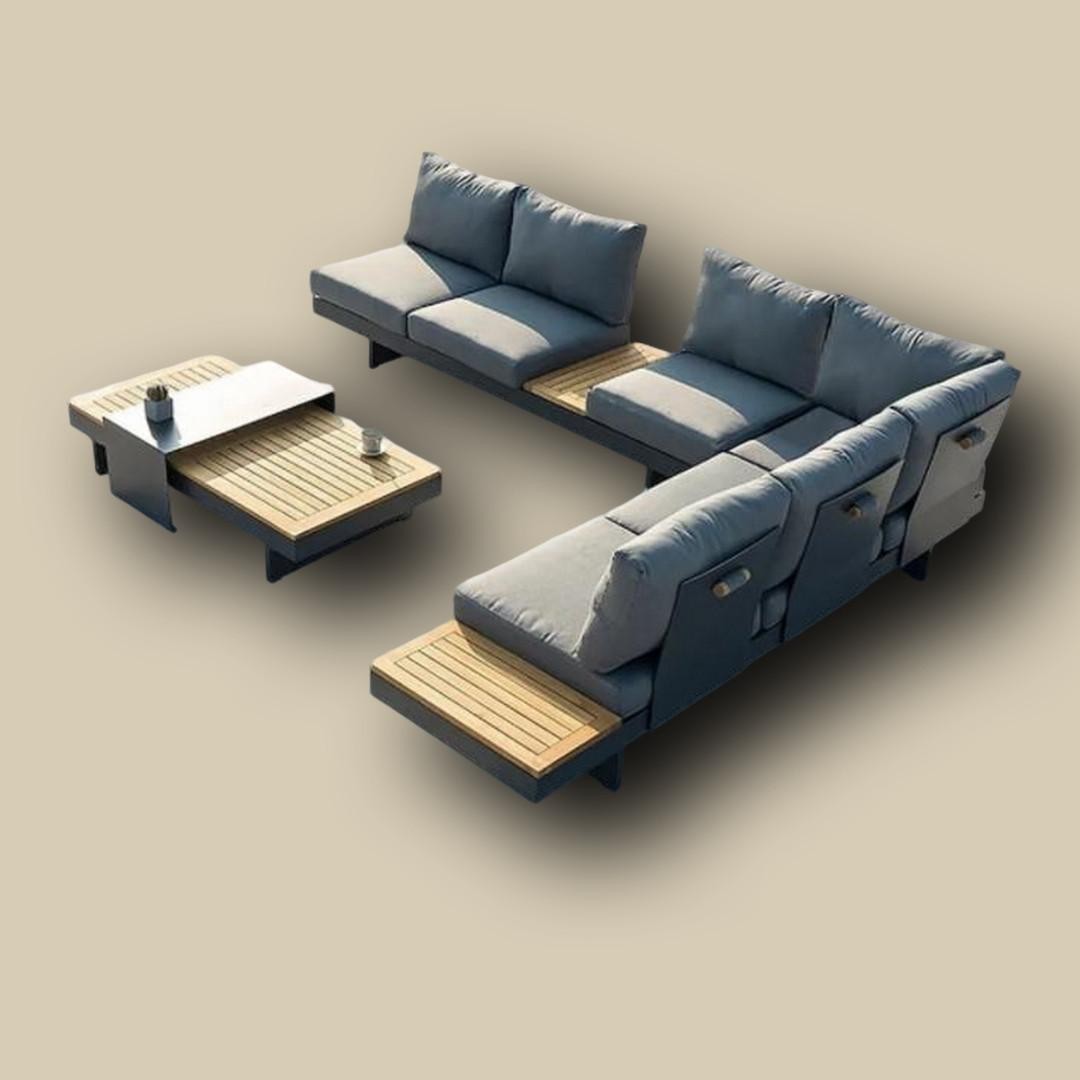 Modern Outdoor Modular Sectional Sofa Set with Teak Accents & Coffee Table (Light Grey Cushions, Dark Frame)
