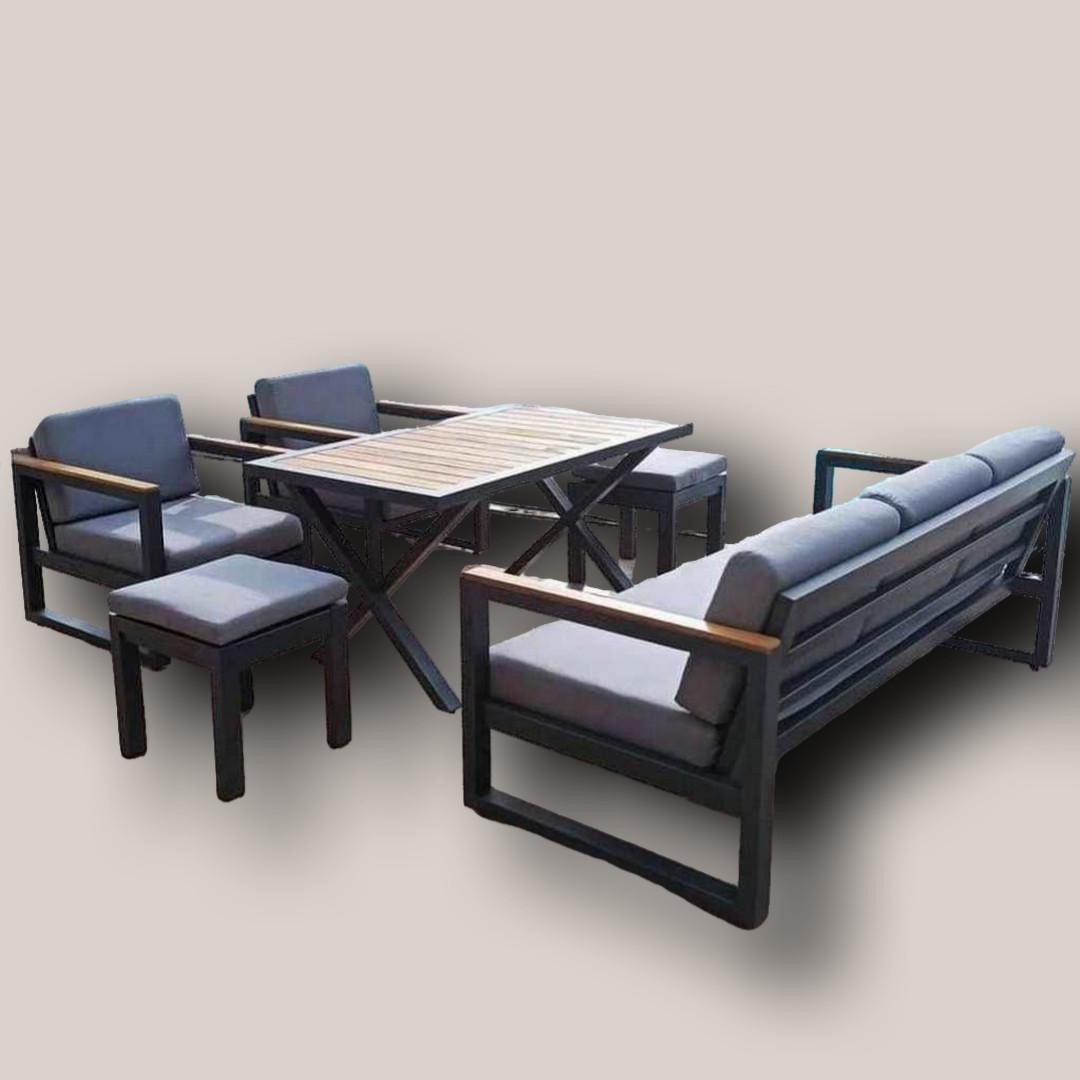 Modern Outdoor Patio Conversation Set with Sofa, Armchairs, Ottomans & Table