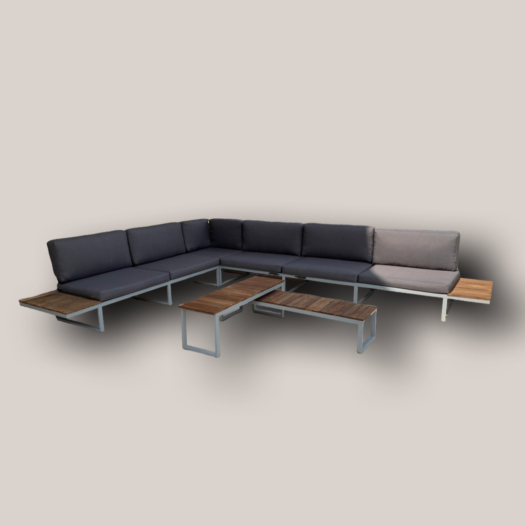 Modern Outdoor Modular Sectional Sofa Set with Metal Frame & Wood Accent Tables