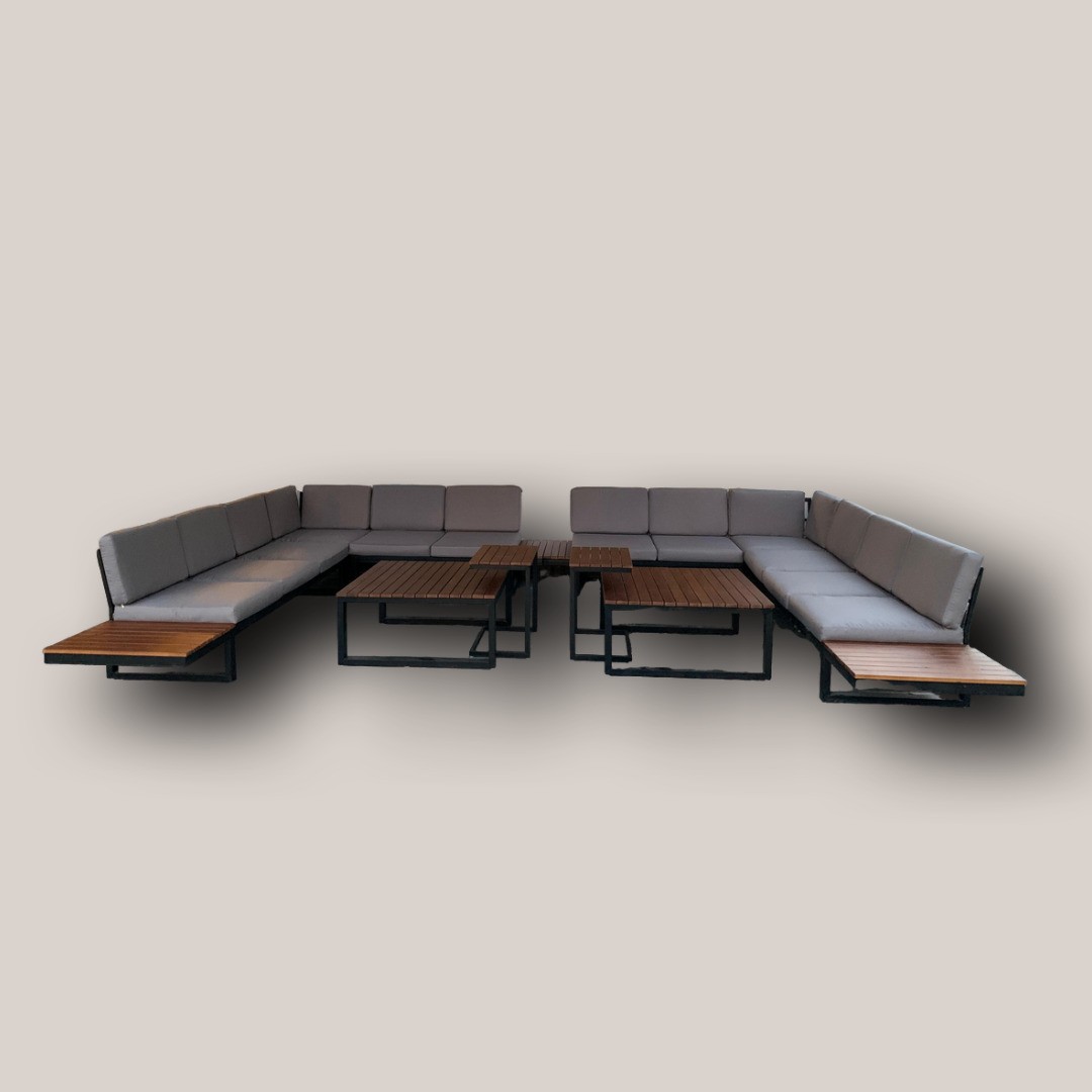 Modern Outdoor Modular Sectional Sofa Set with Integrated End Tables & Two Coffee Tables