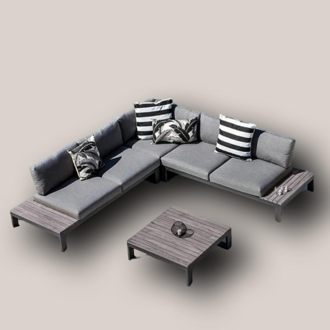 Modern L-Shaped Outdoor Sectional Sofa Set with Coffee Table (Grey Cushions)