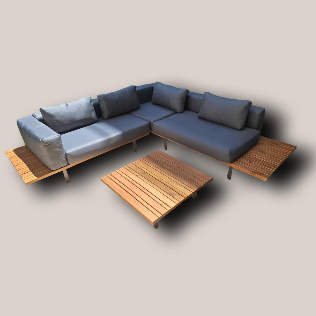Modern Outdoor Modular Sectional Sofa Set with Wooden Base & Coffee Table (Gray Cushions)