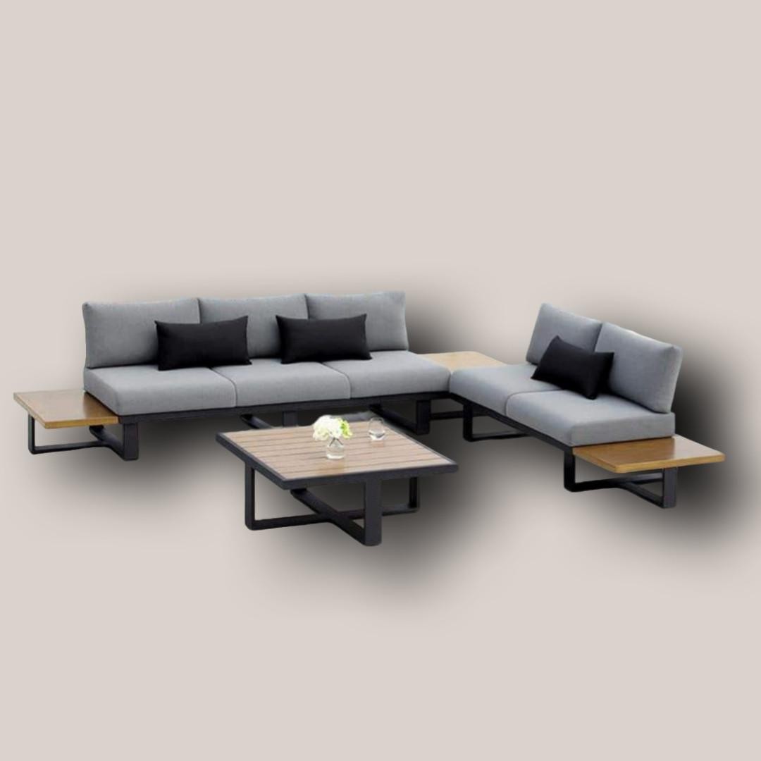 Modern Outdoor Modular Sectional Sofa Set with Integrated Wooden Side Tables & Coffee Table
