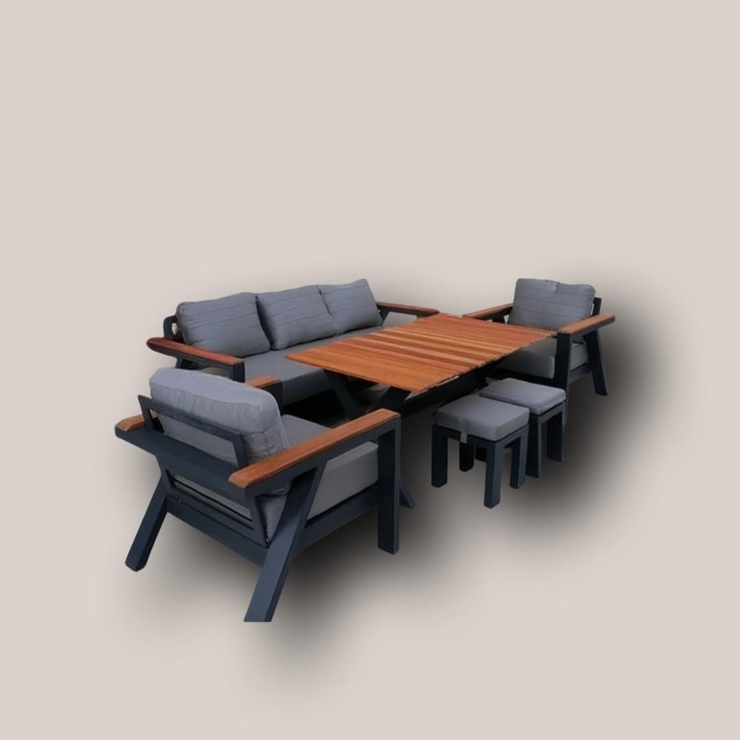 Modern Outdoor Patio Conversation Set with Sofa, Armchair, Table, and Stools