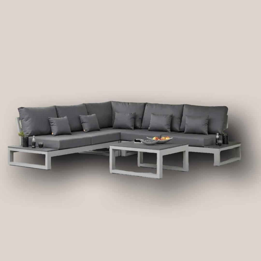 Modern Outdoor Modular Sectional Sofa Set with Integrated Side Tables & Coffee Table (Gray Metal Frame)