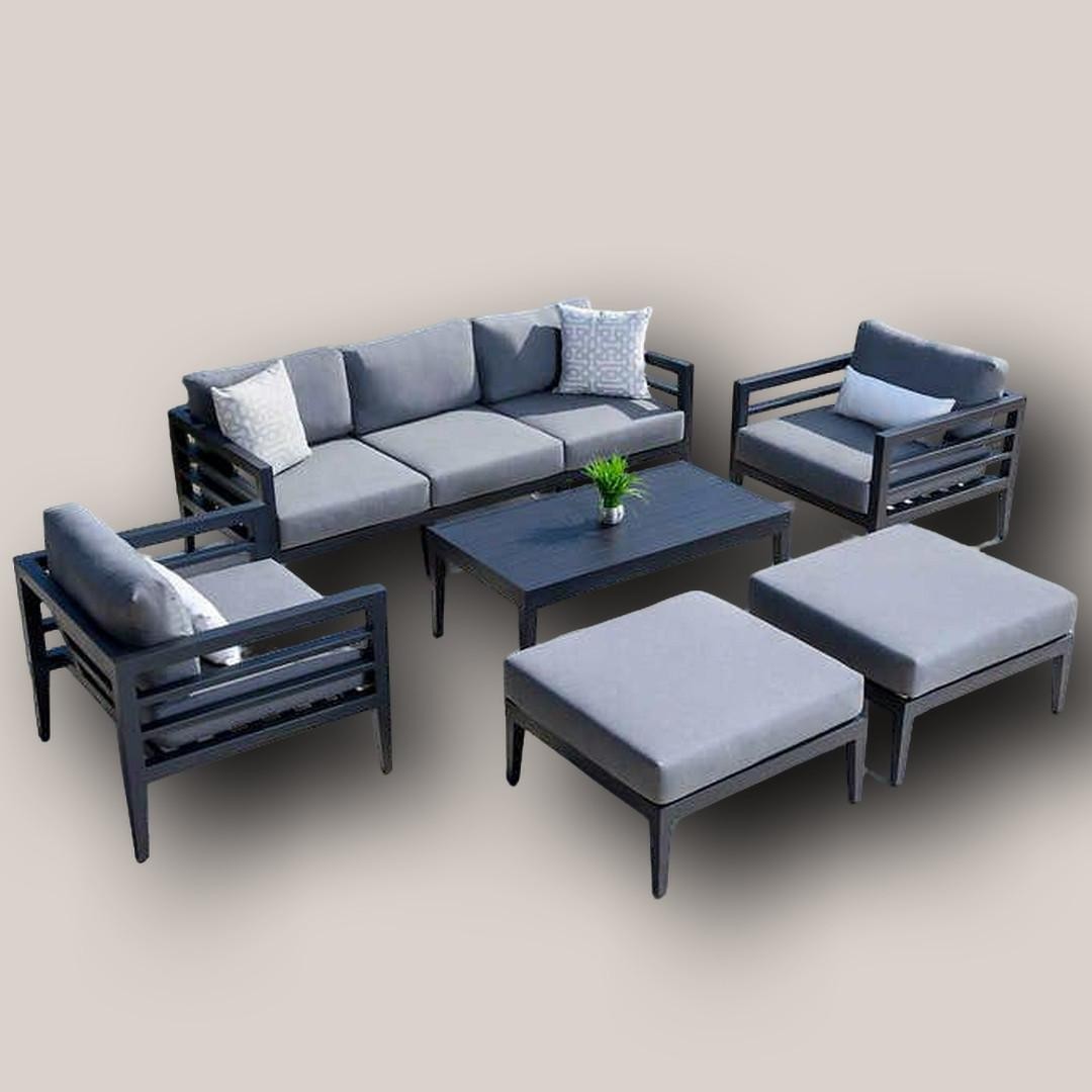Modern Outdoor Patio Conversation Set with Sofa, Armchairs, Ottomans & Coffee Table