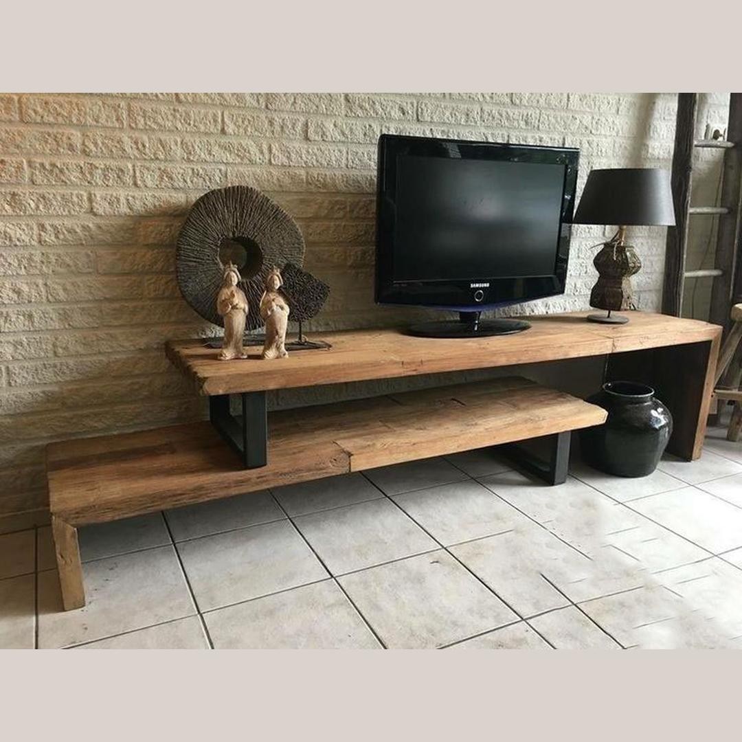 Rustic Wood Two-Tier TV Stand / Media Console with Black Metal Frame (200cm)