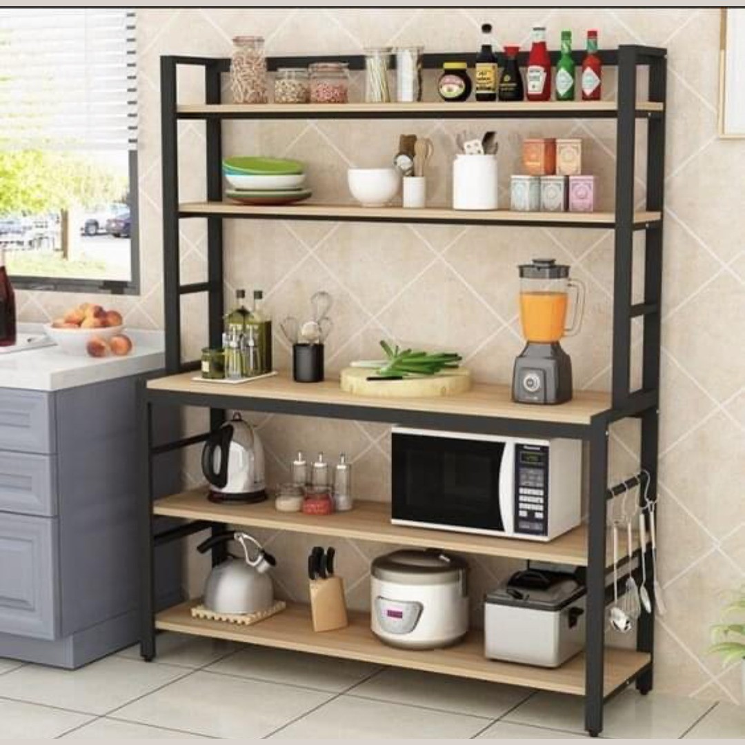5-Tier Kitchen Baker's Rack - Industrial Storage Shelf with Utensil Hooks
